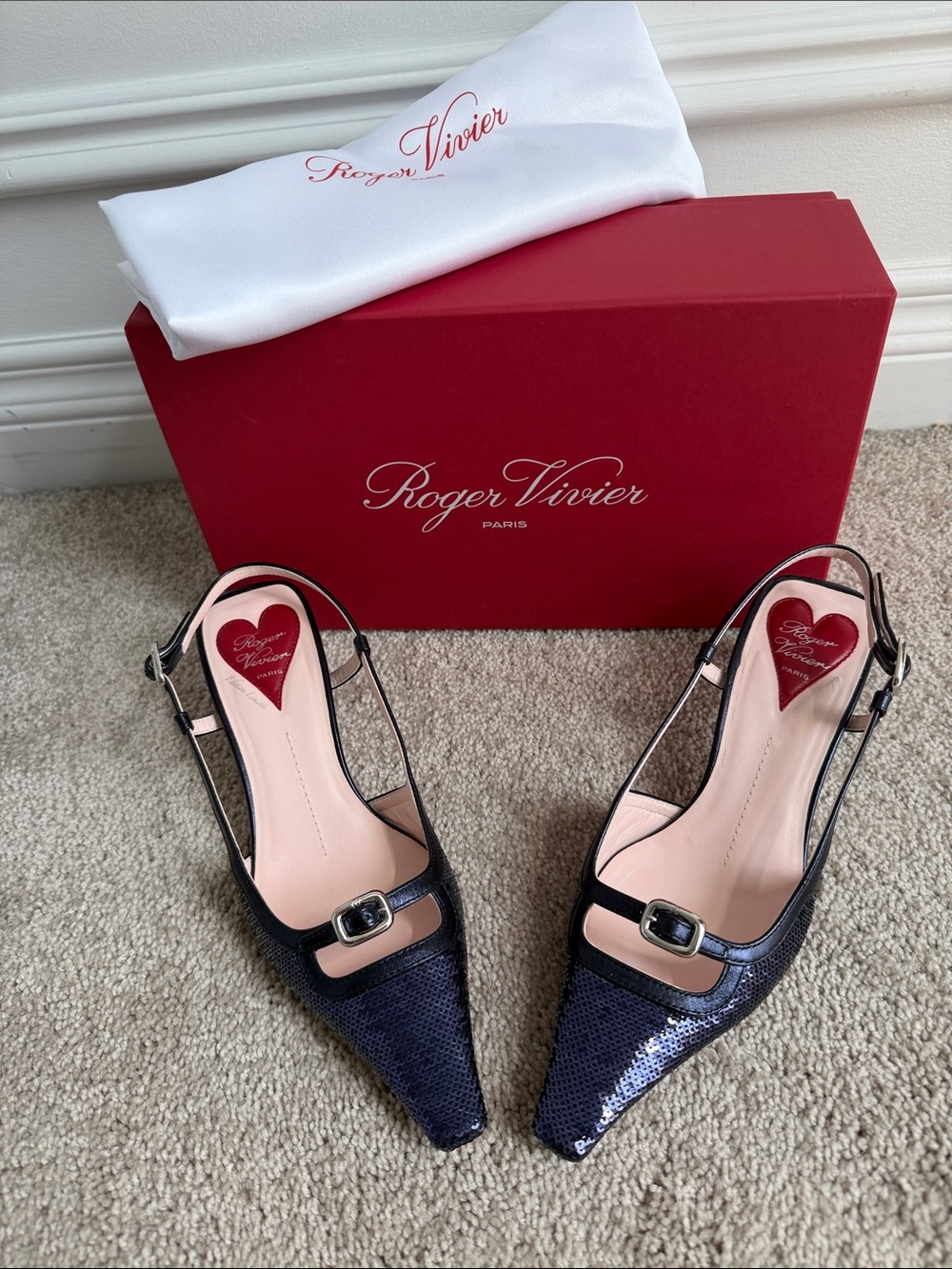 Roger Vivier Navy Sequin Pointed Slingback Heels